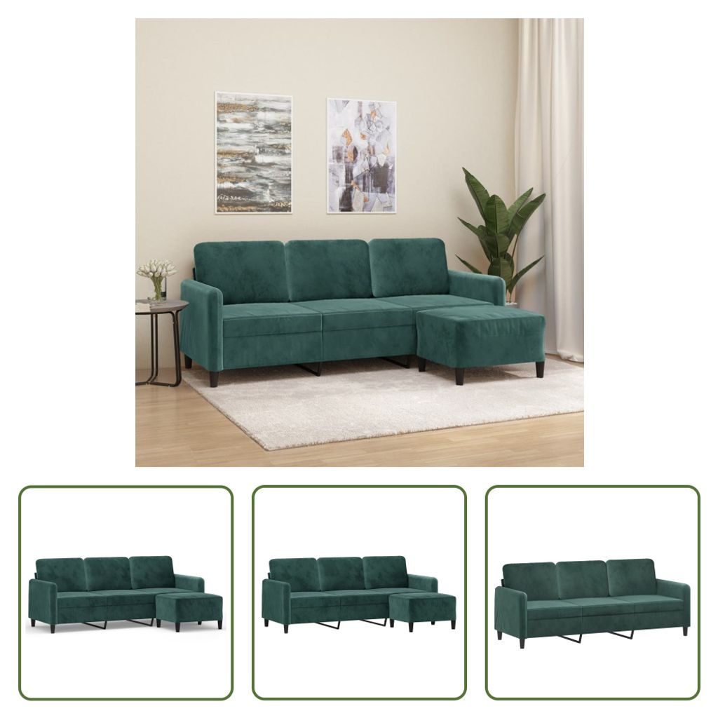 The Living Store 3-Sitzer-Sofa mit Hocker Dunkelgrün 180 cm Samt