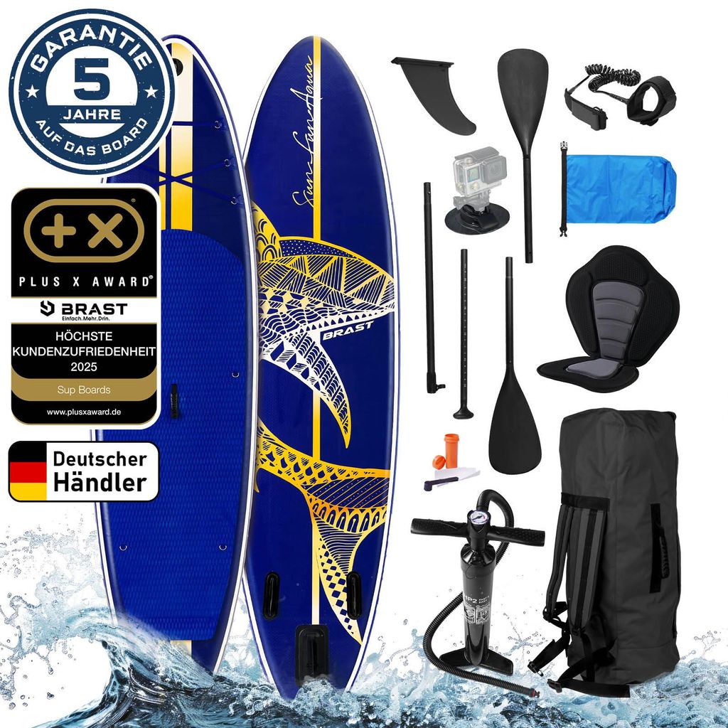 BRAST SUP Board Shark | Aufblasbares Stand up Paddle Set | 320x81x15cm | 8 Designs | inkl. Sonderzubehör | 2in1 Paddel Kajak-Sitz Action-Cam-Halte...