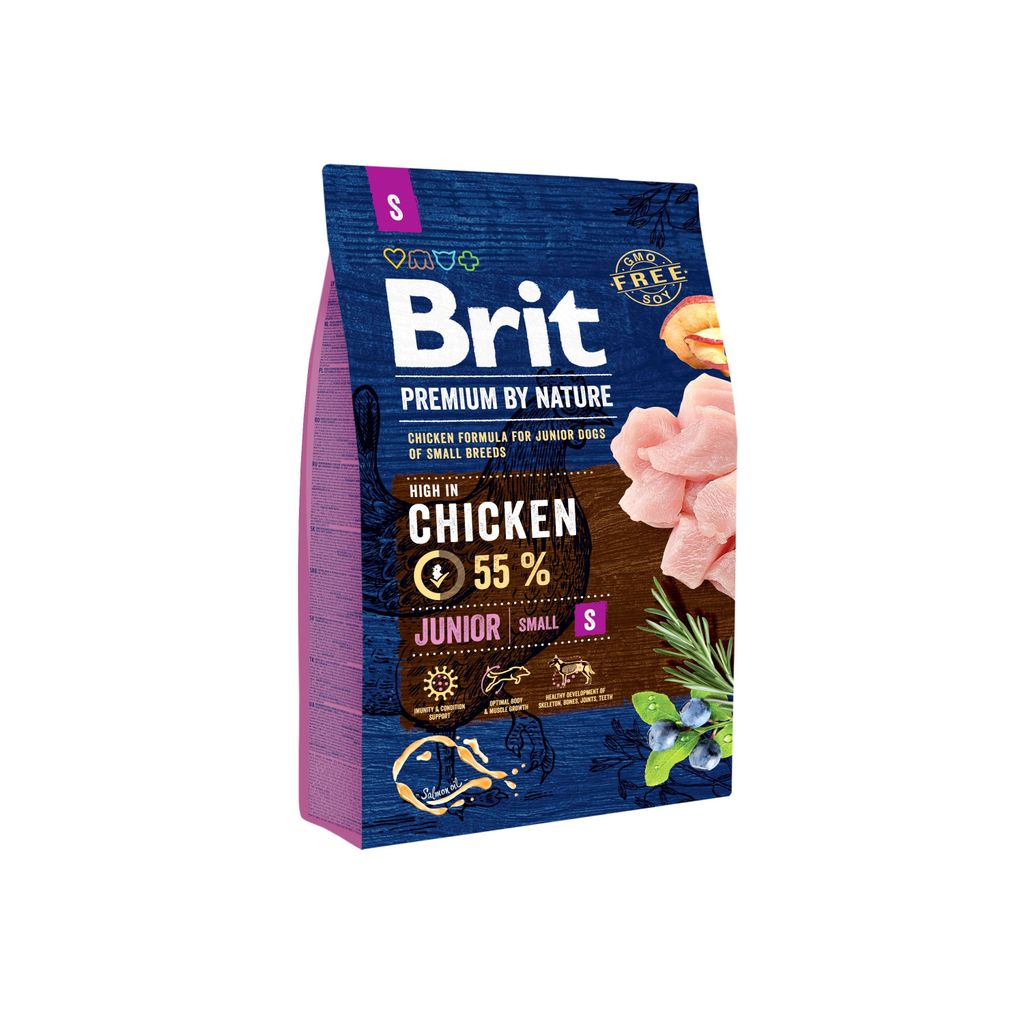 A bag of Brit Premium By Nature dog food, high in chicken for junior small breed dogs.