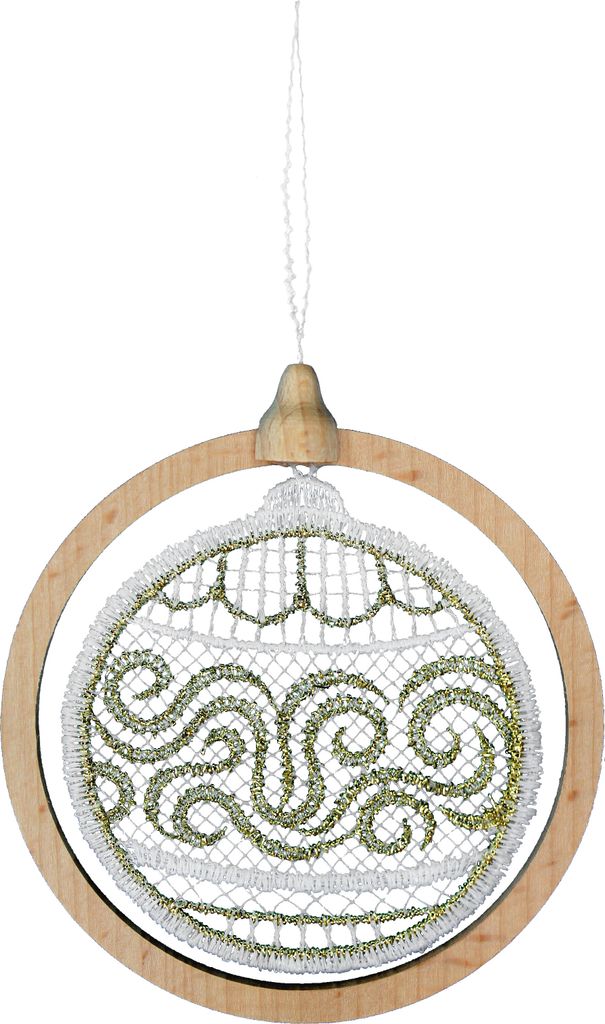 Weihnachtskugel im Buchenholzring, Wave, ecru gold, 1 Stück