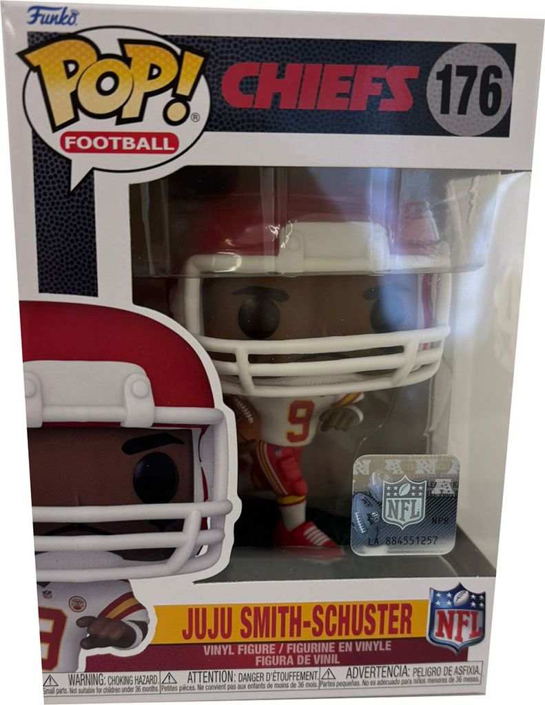 A Funko Pop! vinyl figure of Juju Smith-Schuster of the NFL Chiefs, shown in its original packaging.