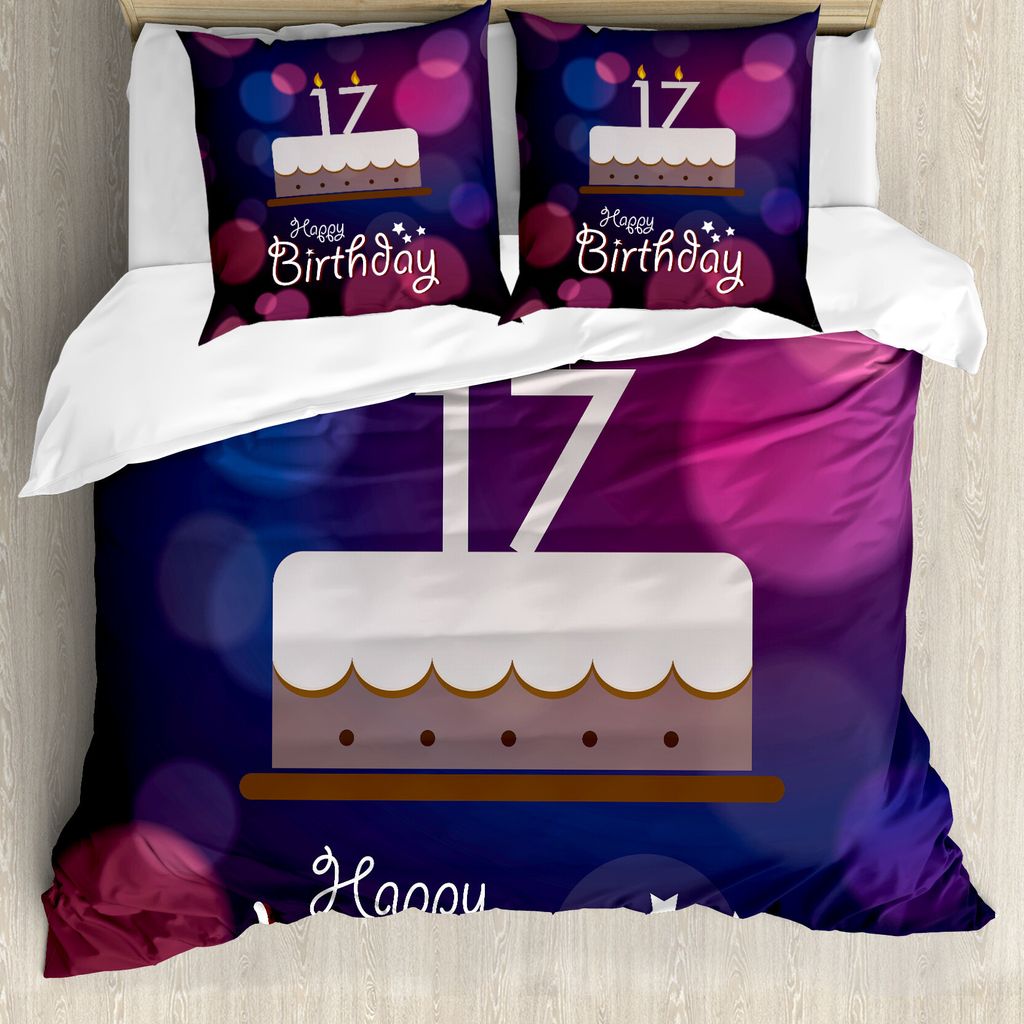 ABAKUHAUS 17. Geburtstag Bettbezug, 17 Partei-Kuchen, Milbensicher Allergiker geeignet mit Kissenbezügen, 200 cm x 200 cm - 80 x 80 cm, Lila Lila ...