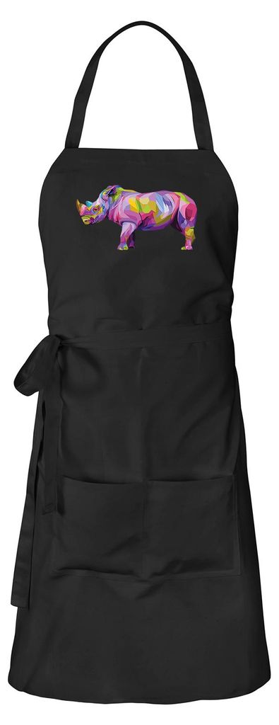 Huuraa Schürze Nashorn Colorful Schwarz mit Taschen Baumwolle Kochschürze Geschenkidee