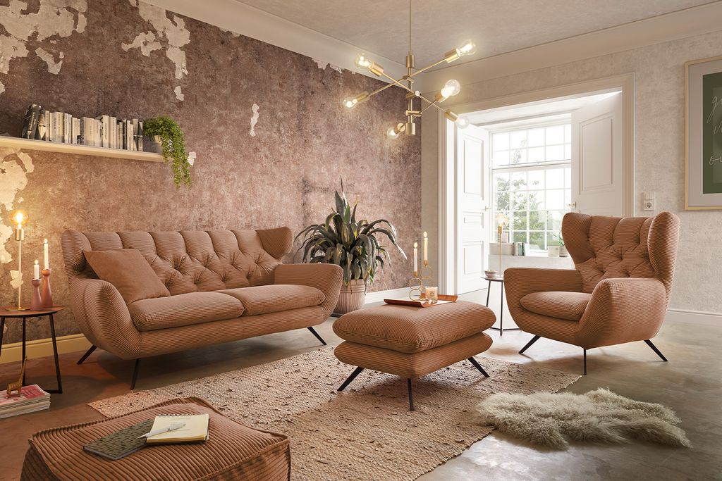 KAWOLA Sitzgruppe CHARME 2-Sitzer Sessel Hockerbank Cord rost