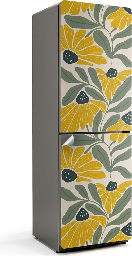 Muster mit Blumen und Blättern – Kühlschrank Aufkleber – Klebefolie Kühlschrank – Kühlschrank Nachbildung – Kühlschrankfolie selbstkle...