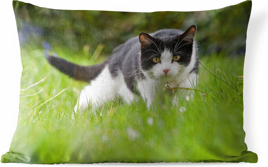 MuchoWow Outdoor Kissen - Katze - Gras - Schwarz - Weiß - Mädchen - Kinder - Jungen - Kinder - 50x30 cm - Wetterfest - Lounge Kissen - Sofa kis...