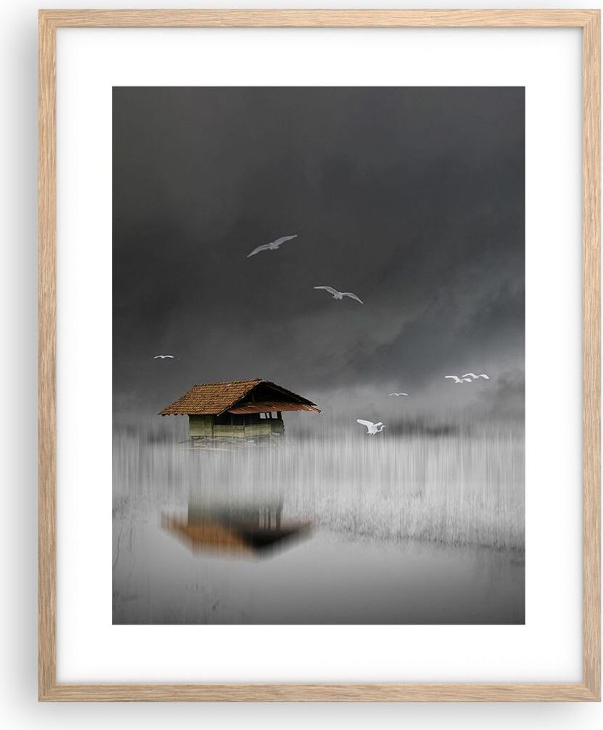 Gerahmtes Poster - Rahmen in heller Eiche - Hütte Nebel Produktbild 