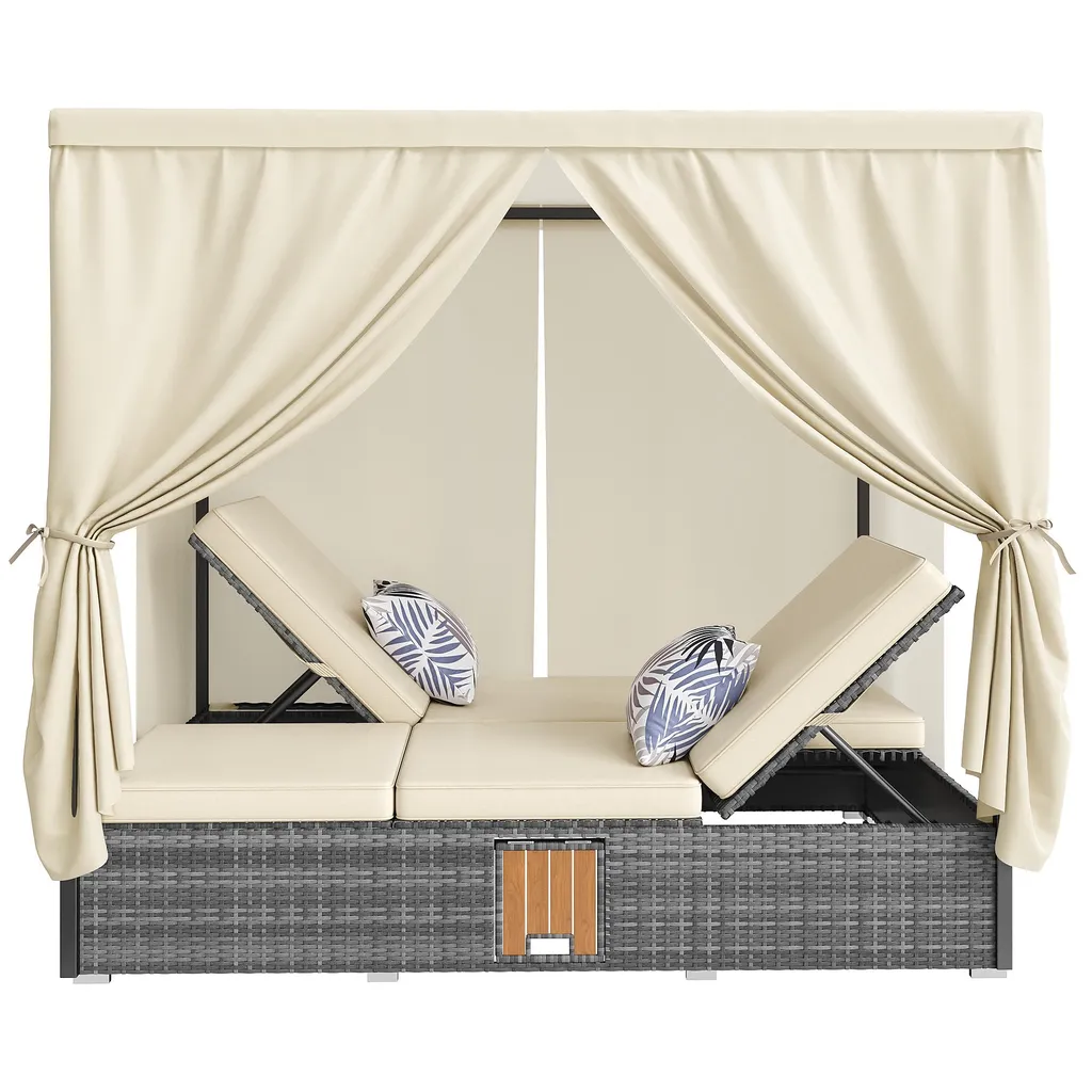 Bain de soleil double avec toit réglable et table pliante pour terrasse - 9