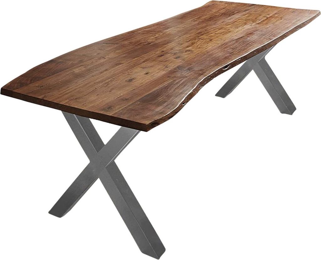 SAM Esstisch Baumkante massiv Akazie nussbaum 260 x 100 X-Gestell silber XAVER