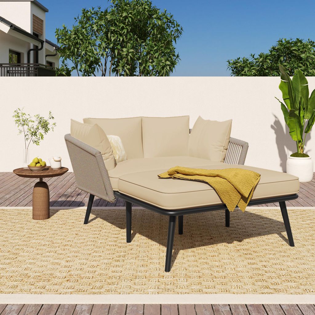 Gartensofa & Sonnenliege Khaki – Outdoor Lounge-Sofa mit handgewebten Seil-Details, 10 cm dicken Polstern & verzinktem Stahlrahmen – Wetterfest...