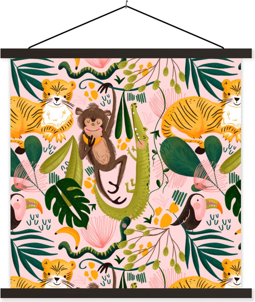 MuchoWow Textilposter Dschungel - Tiere - Rosa 120x120 cm mit schwarzem Rahmen - Aufhängungsset