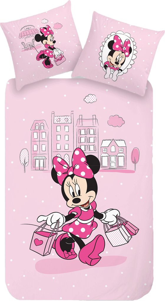 A pink Minnie Mouse bedding set with two pillowcases and a duvet cover featuring Minnie Mouse and city buildings.