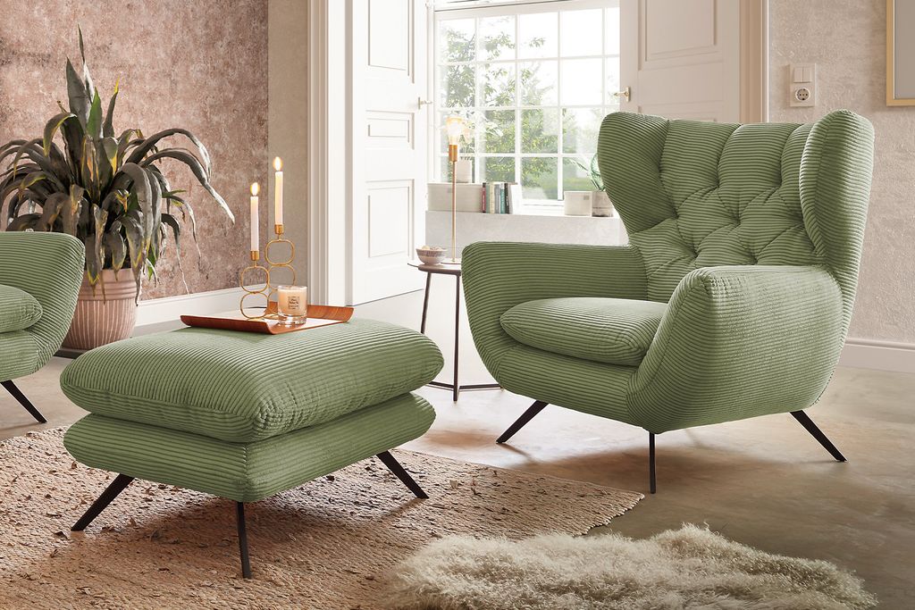 KAWOLA Sessel CHARME Hochlehnsessel Cord olivgrün mit Hockerbank