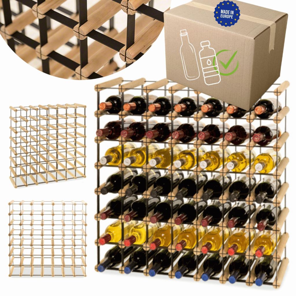 MODO24 Weinregal, 49 Flaschen, Flaschenhalter, Weinständer, Erweiterbar, Holz Metall, Industrial Loft, Küche, 72,5x72,5x25 cm, Natur, RW8