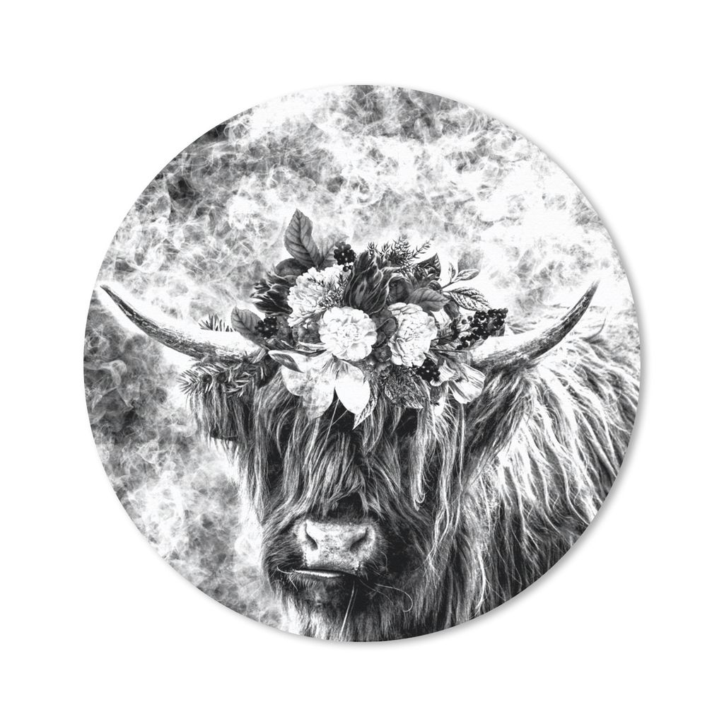 MuchoWow Mauspad Mousepad Schottischer Highlander - Tiere - Blumen - Schwarz - Weiß 50x50 cm - Mousepads - Maus Mat - Pad - Mausunterlage - Vinyl