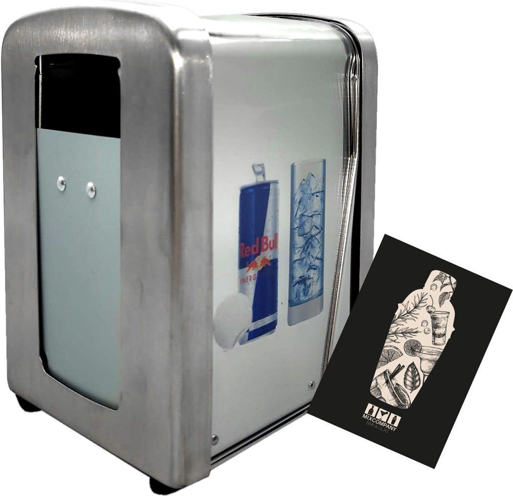 3x Red Bull Energy Serviettenspender Matte Kühler Tablet Tisch Aufsteller in Silber aus Metall im Retro Design Servietten Halter Kartenhalter