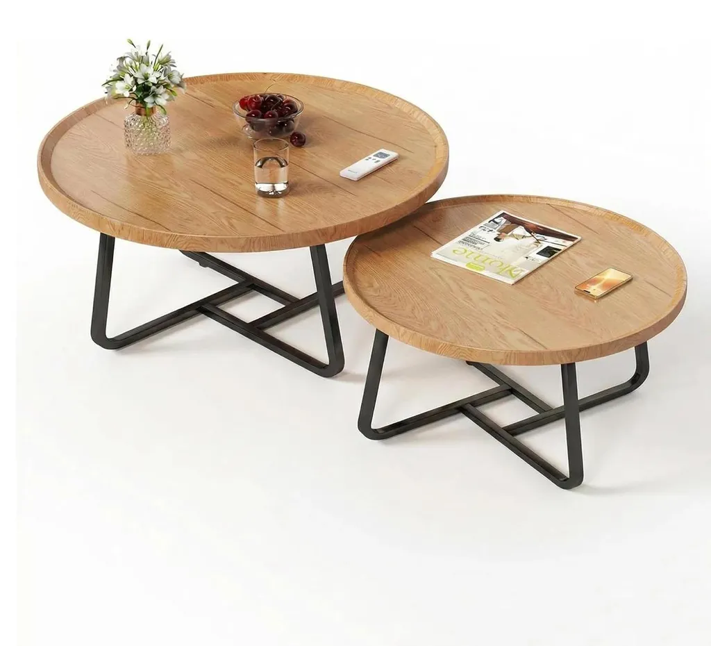 Table d'appoint design rond strié en bois naturel et métal, lot de 2