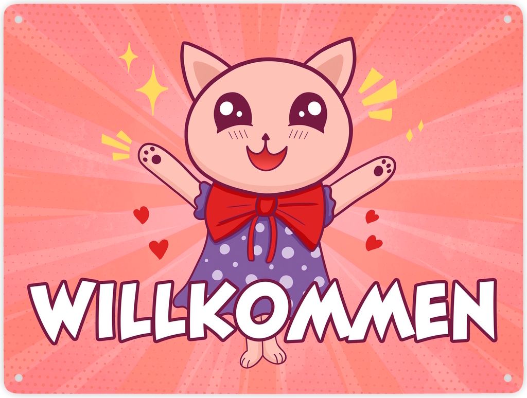 Willkommen Metallschild XXL in 28x38 cm mit süßem Manga Kätzchen