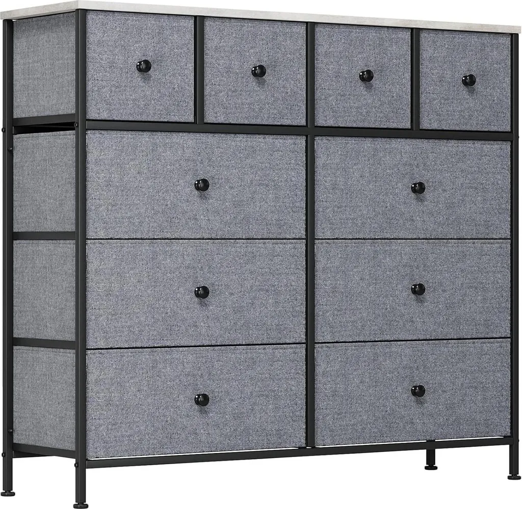 Commode en tissu avec 10 tiroirs gris 104x30x89 cm et plateau en bois