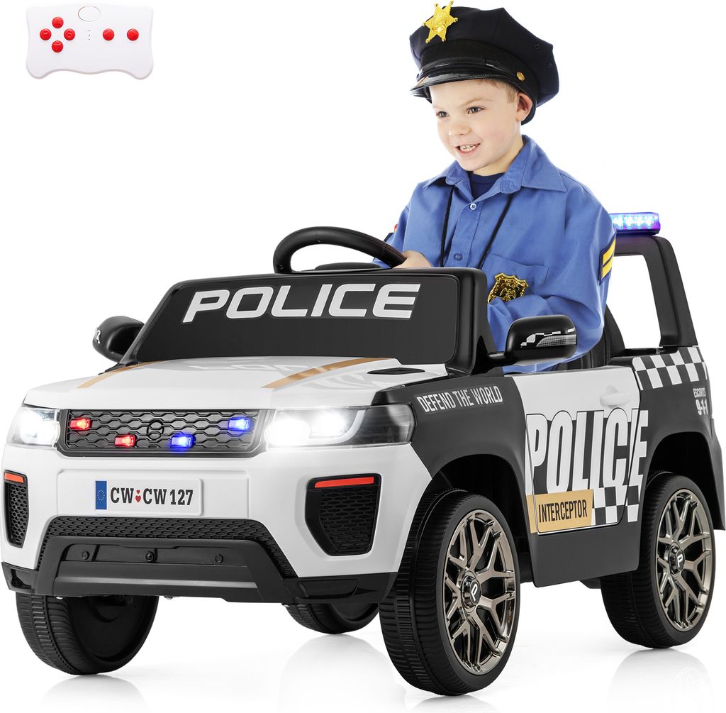 DREAMADE Kinder Polizeiauto Rutschfahrzeug, 12V Batterie betriebenes Polizeiauto mit Fernsteuerung & Musik & LED-Licht & Sirene, von 3-8 Jahren