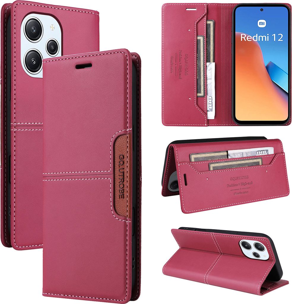 Handyhülle für Xiaomi Poco M6 Pro 5G/Redmi 12 Hülle, Leder Flip Wallet Kartenfach Stand Schutzhülle Rot