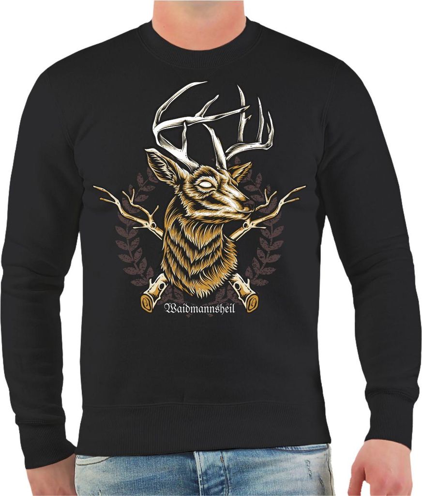 Herren Sweatshirt Jäger Hirsch Wappen Waidmannsheil