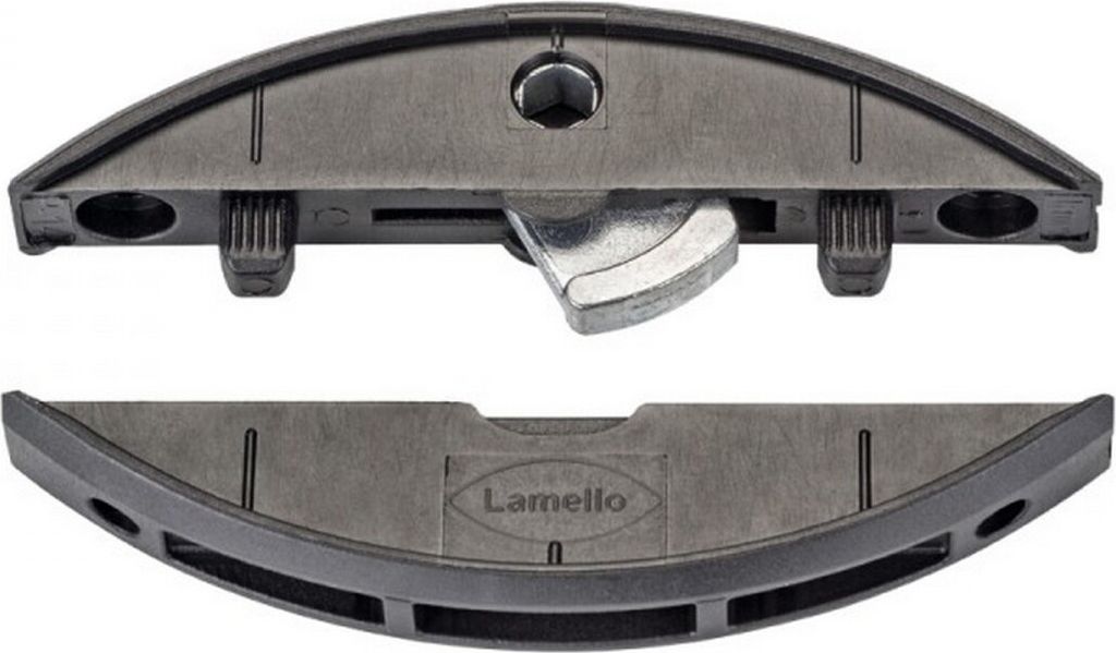 A top and bottom view of a Lamello Clamex P-14 connector.