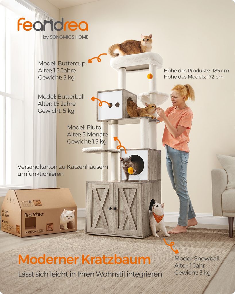 Feandrea Kratzbaum, mit Katzenklo-Schrank, 185cm, Produktbild 4