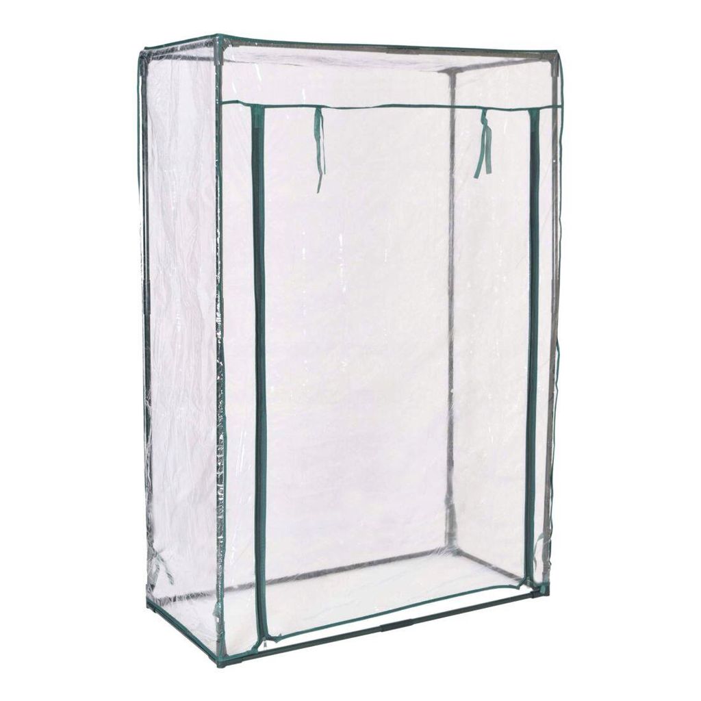 A clear, studio shot of a small greenhouse.