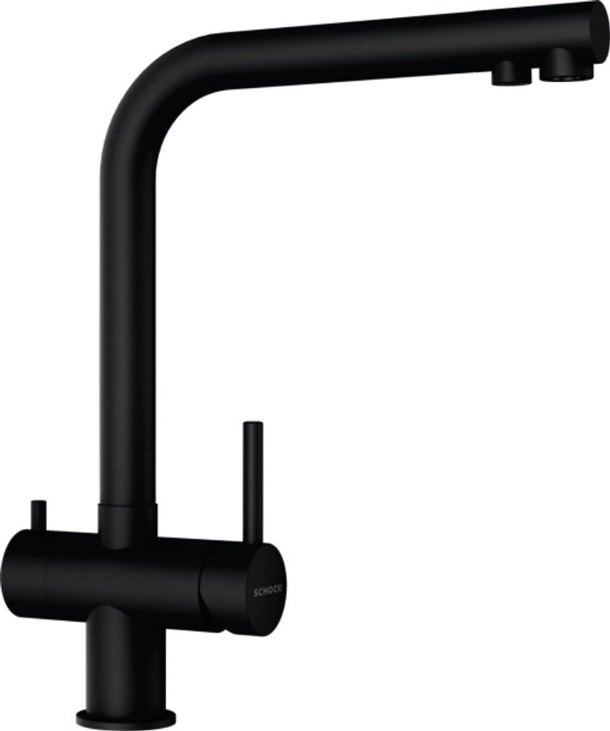 A black kitchen faucet against a white background.