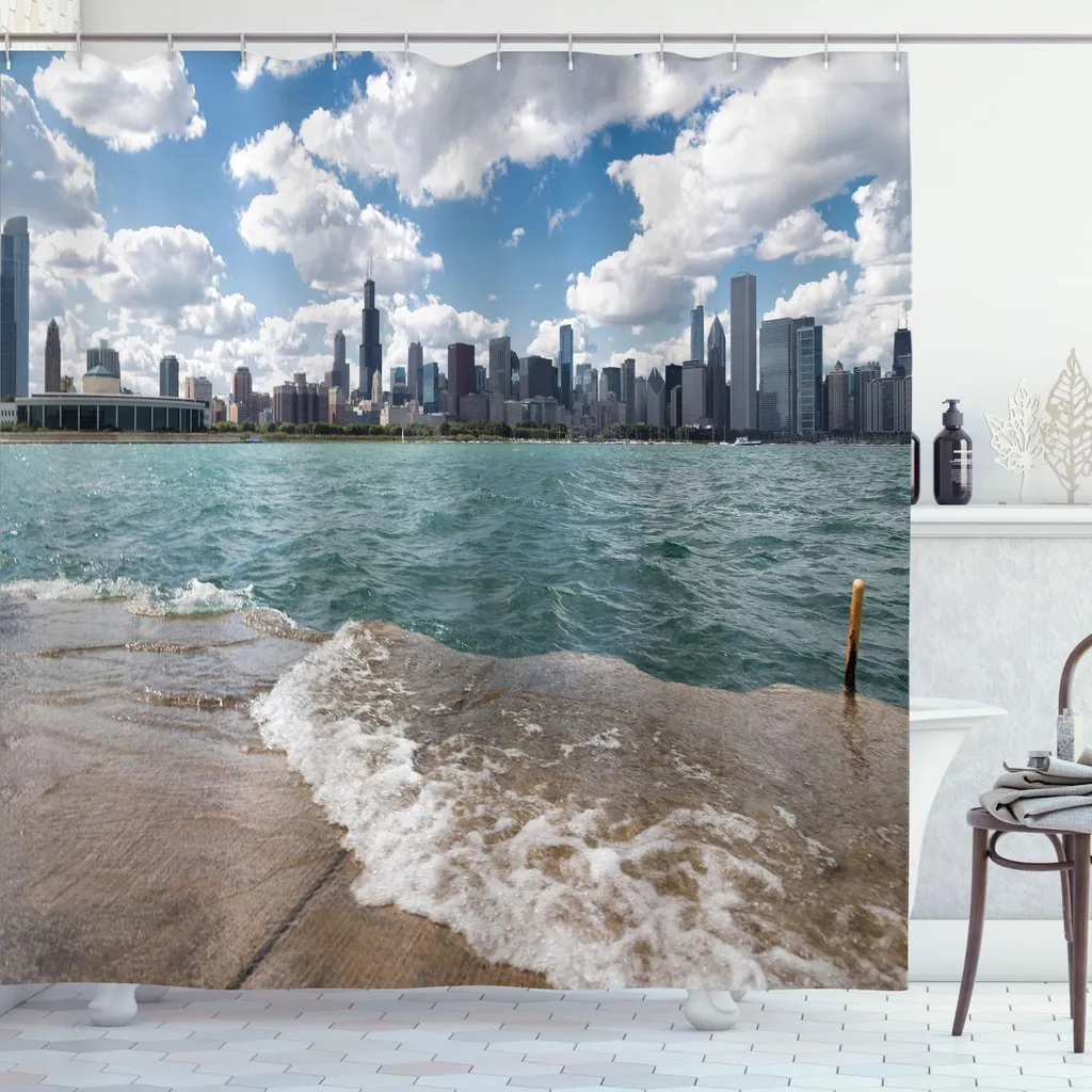 Rideau de douche textile skyline moderne Chicago multicolore 175x240cm