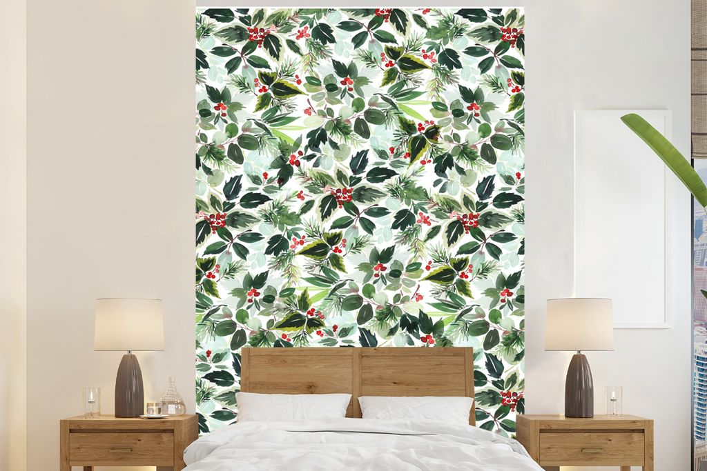 MuchoWow Fototapete für Wohnzimmer oder Schlafzimmer Wandtapete Vinyl Motivtapete Weihnachten - Aquarell - Mistelzweig - 200x300 cm - Wanddekora...