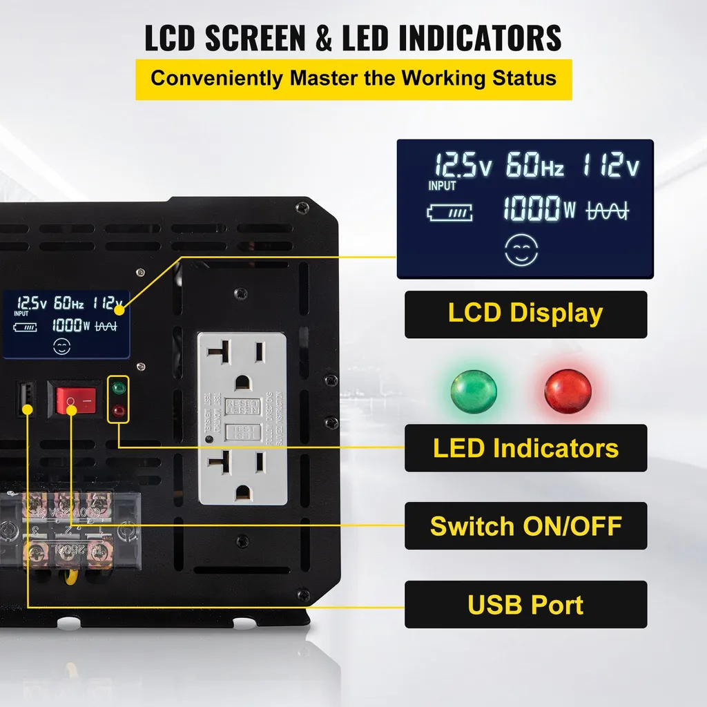 Onduleur 12V 110V 5000W avec Télécommande et Écran LCD Rétroéclairé