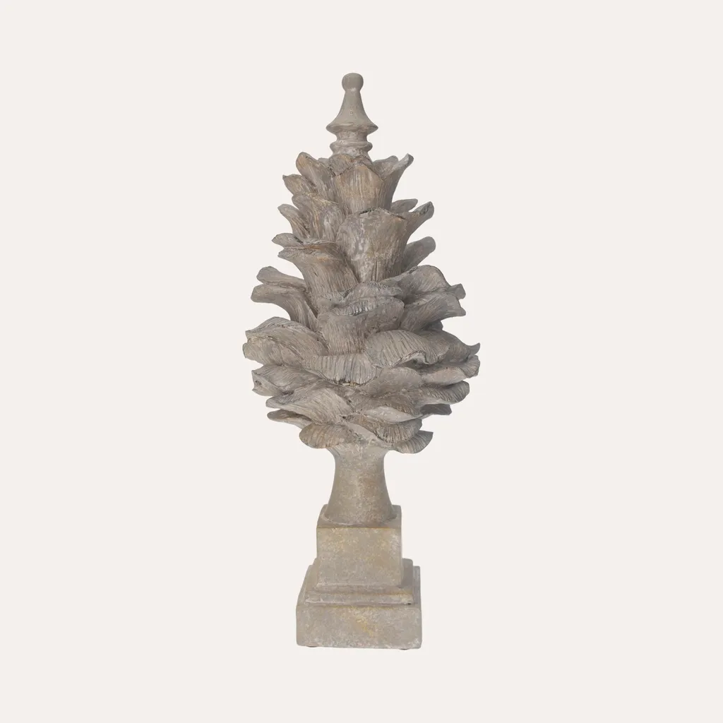 Pomme de pin décorative KEYHOMESTORE en résine grise avec socle chic