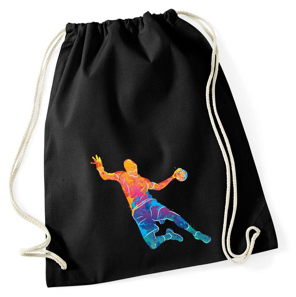 Huuraa Turnbeutel bunte Handball Silhouette 12 Liter Black Baumwolle Rucksack Geschenkidee
