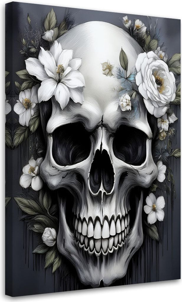 Leinwandbild Schädel mit weißen Blumen 80x120 Feeby Grau bild für die wand bereit zum aufhängen