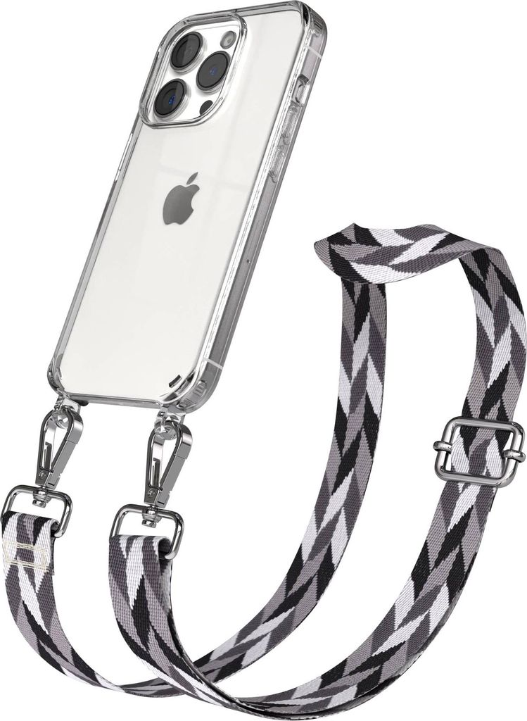 EAZY CASE Handykette - Verstellbarer Trageriemen kompatibel mit Apple iPhone 15 Pro, Handykordel mit transparenter Silikon-Hülle, Karabiner Silber...