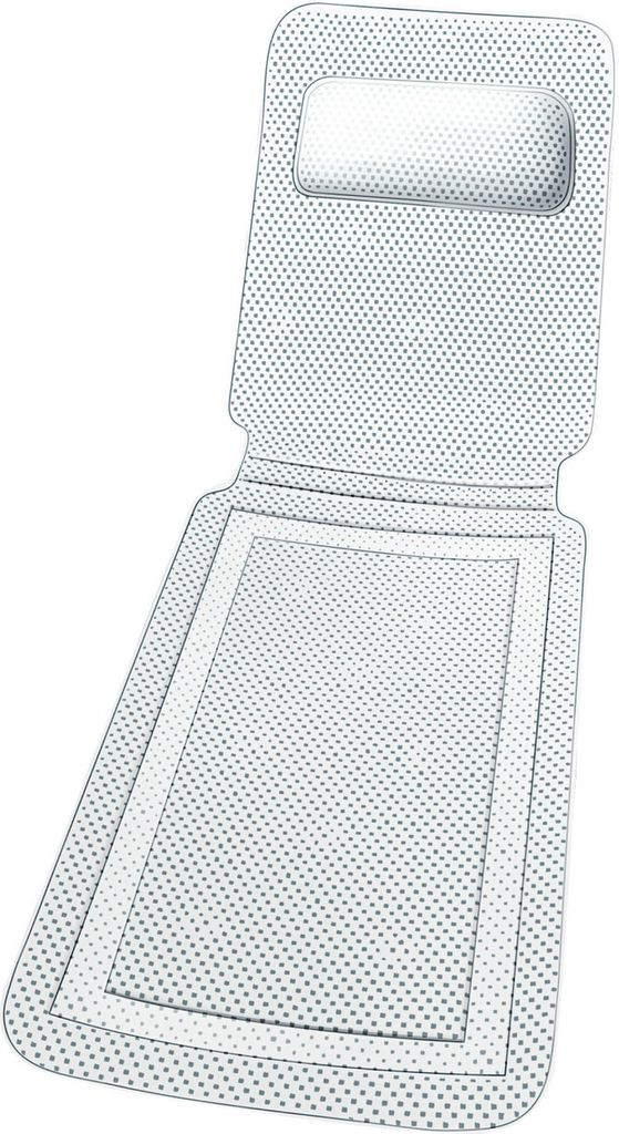 A white bath mat with a textured surface and a small headrest.