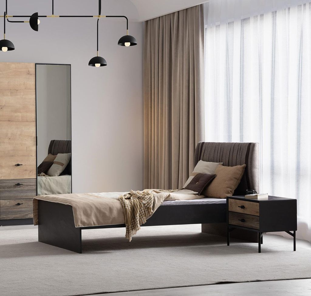 Modernes Schlafzimmer Set Designer Einzelbett 2x Holz Nachttische