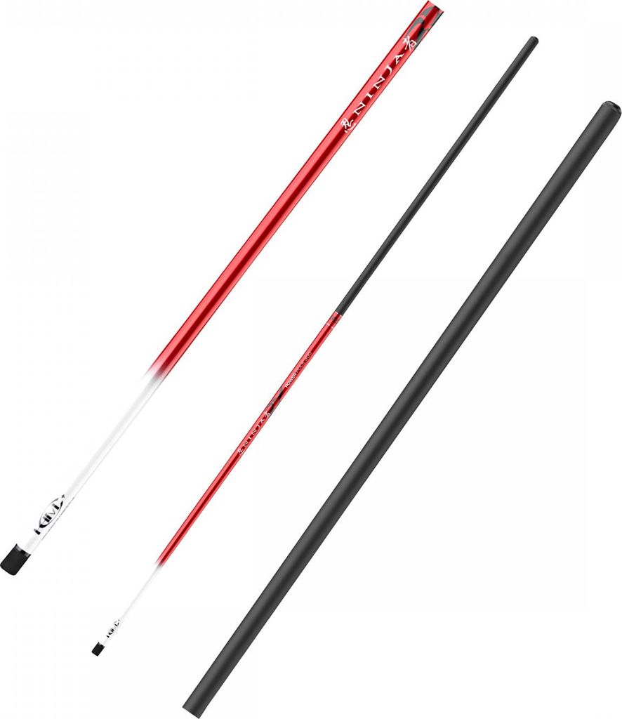 Three fishing rods of varying lengths and colors are laid out diagonally on a white background.