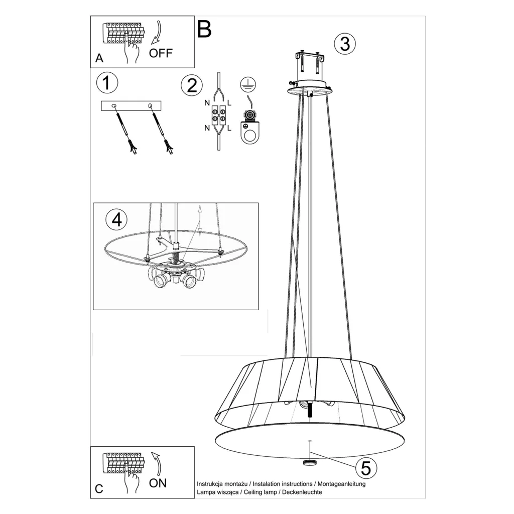Suspension plafonnier VEGA 60 noir design moderne 5 ampoules E27