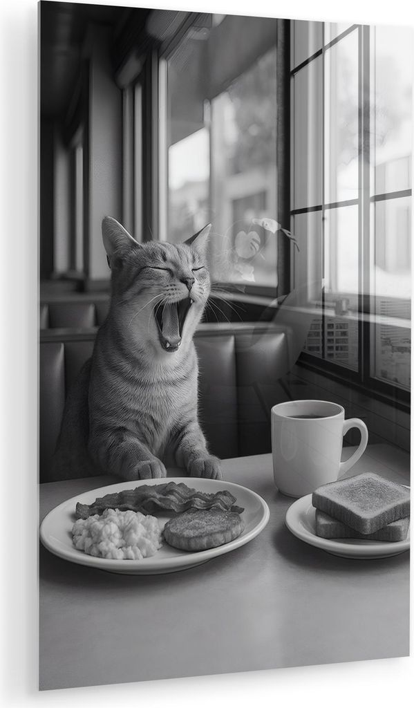 MuchoWow Glasbilder - Bilder auf Wandbild - Foto auf Glas Katze - Kaffee - Brot - Schwarz 80x120 cm Wanddekoration aus Glas - Acrylglasbild - Acryl...