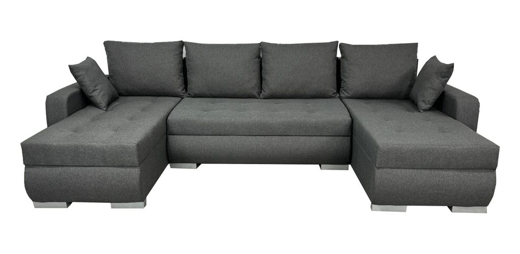 A U-shaped sectional sofa with multiple cushions, shown from the front against a white background.