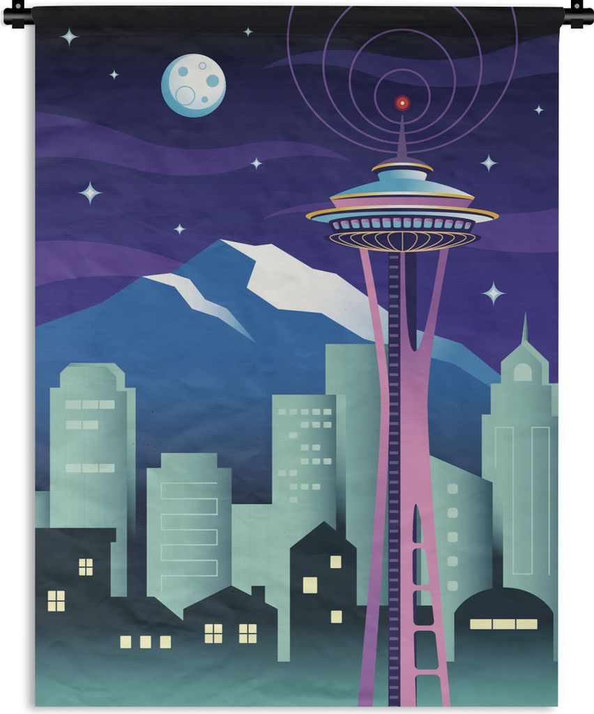 MuchoWow Wandteppich Wandbehang Illustration der Space Needle bei Nacht 60x80 cm Tapisserie Dekoration Wandtuch - Decke - Wandtücher - Wohne