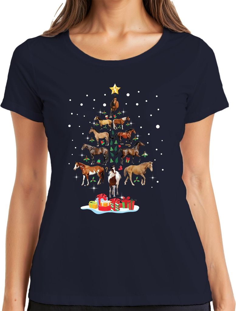Pferde Weihnachtsbaum Geschenk Reiter Weihnachten Stern Schnee Damen T-Shirt, Navy, 3XL
