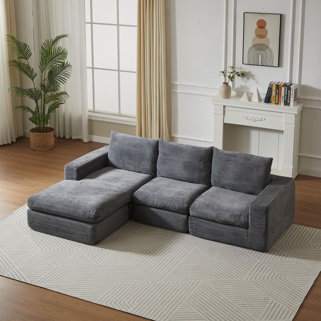 Modulares L-förmiges Cord-Sofa ohne Rahmen, Gepolstertes Ecksofa mit Chaise & 3 Kissen, Montagefrei für Wohnzimmer & Schlafzimmer, Grau
