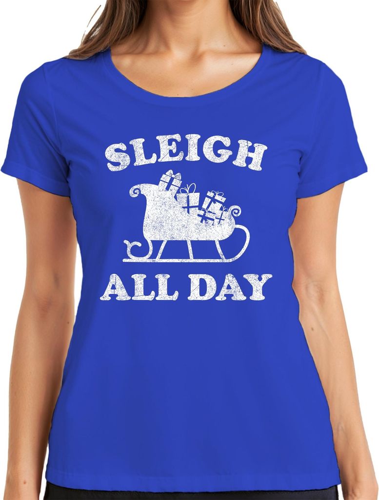 SLEIGH ALL DAY Weihnachtsgeschenk Schlitten Deko Winter Design Damen T-Shirt, Blau, M