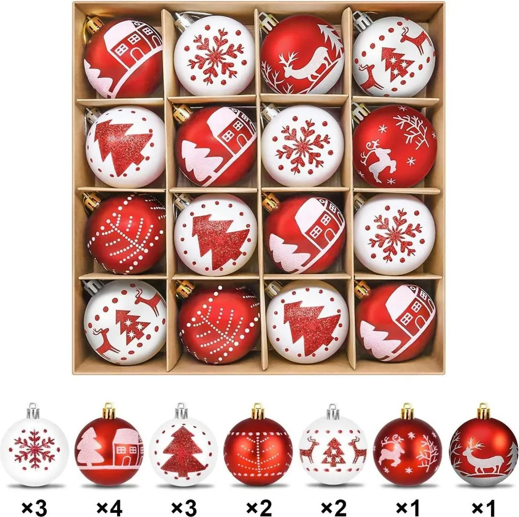 Boules de Noël 6cm Incassables : Décoration Sécurisée Rouge et Blanc 16pcs