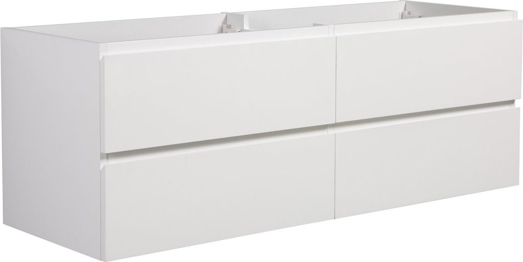 A white vanity cabinet with two drawers on top and two drawers on the bottom, shown from a three-quarter angle.