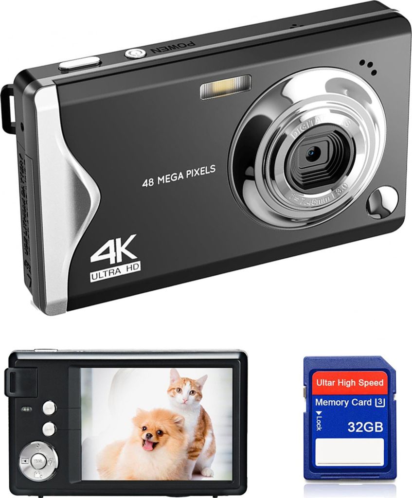 Fine Life Pro 48MP 1080P FHD Kompaktkamera 3,0" TFT-Farb-LCD-Display mit 32GB SD-Kart, 16-facher Digitalzoom für Teenager Erwachsene Anfänger, sc...